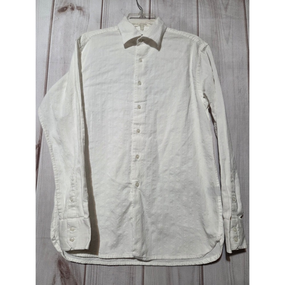 J Ferrar Mens White Textured Long Sleeve Button Down Shirt Size M 15-15.5
